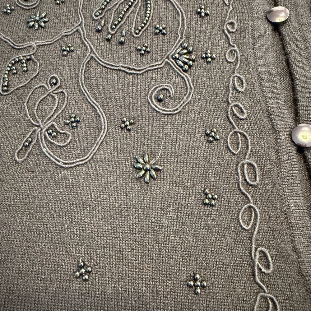 Vintage Ann Taylor LOFT Beaded Wool Cardigan Black Floral Women’s Large - Picture 9 of 9